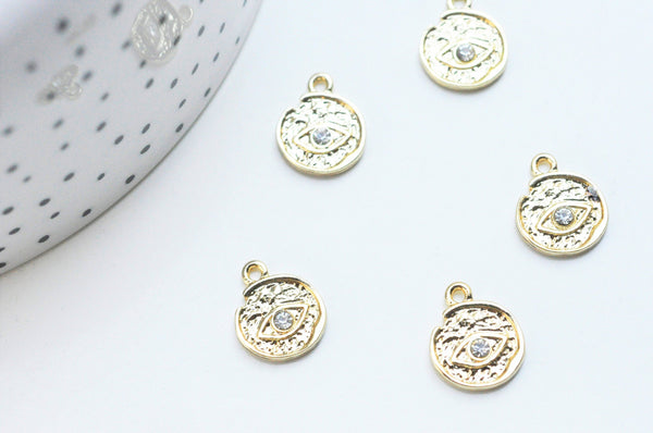 Pendentif médaille ronde oeil zamac doré 18K texturé zircon 14.5mm, pendentif doré pour la création médaille or, 14.5mm, x1 G4750