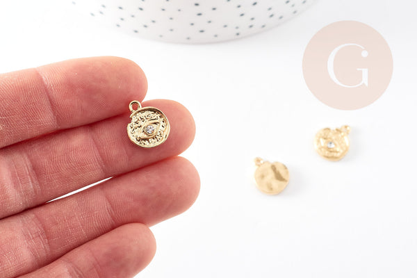 Pendentif médaille ronde oeil zamac doré 18K texturé zircon 14.5mm, pendentif doré pour la création médaille or, 14.5mm, x1 G4750