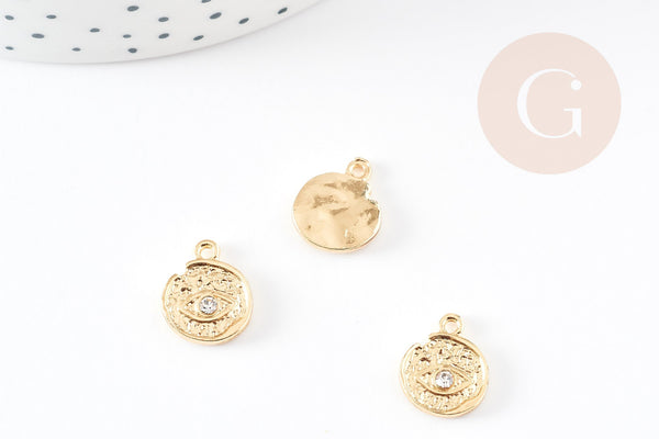 Pendentif médaille ronde oeil zamac doré 18K texturé zircon 14.5mm, pendentif doré pour la création médaille or, 14.5mm, x1 G4750