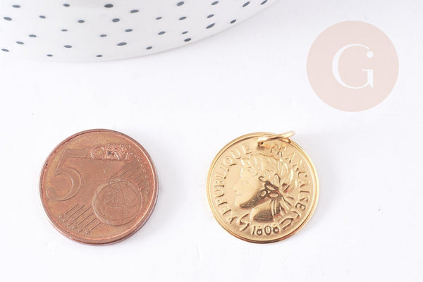 Pendentif médaille ronde pièce acier 304 inoxydable doré 20mm, x1 (G5571)