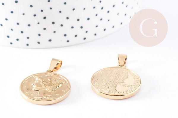 Pendentif médaille ronde pièce acier 304 inoxydable doré 29mm, x1 (G1752)