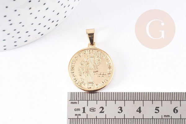 Pendentif médaille ronde pièce acier 304 inoxydable doré 29mm, x1 (G1752)