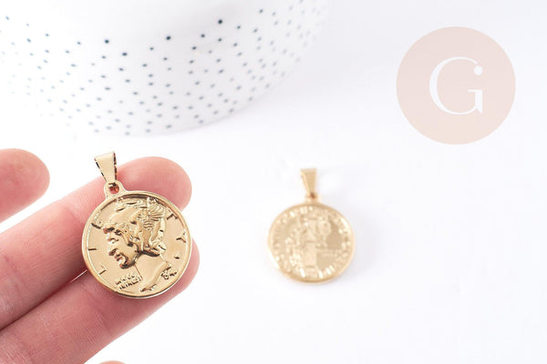 Pendentif médaille ronde pièce acier 304 inoxydable doré 29mm, x1 (G1752)