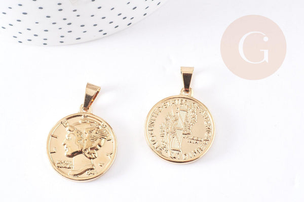 Pendentif médaille ronde pièce acier 304 inoxydable doré 29mm, x1 (G1752)