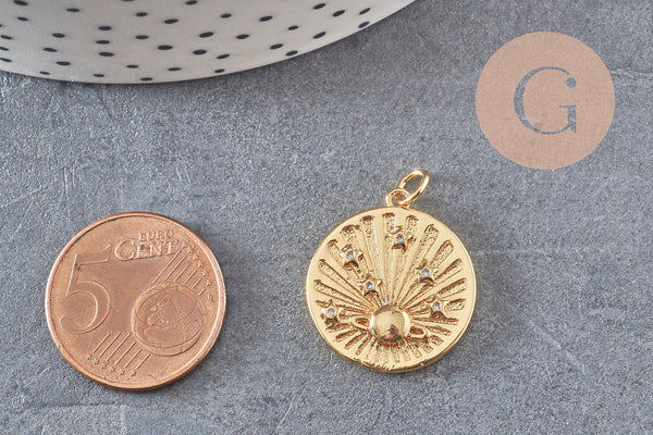 Pendentif médaille ronde planète laiton doré 18K zircons multicolore 23.5mm,pour la création bijoux médaille or, x1 (G6075)