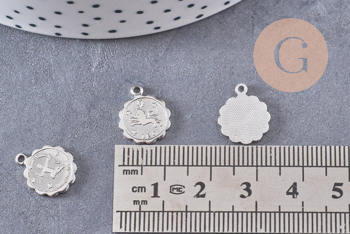 Pendentif médaille ronde signe astrologique laiton platine 14mm, x1 (G3462)