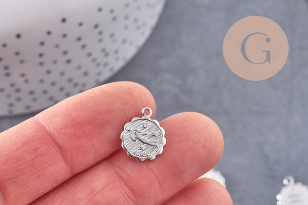 Pendentif médaille ronde signe astrologique laiton platine 14mm, x1 (G3462)
