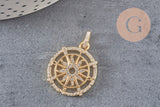 Pendentif médaille ronde soleil boussole laiton doré 18K zircons, un pendentif doré avec cristal pour création bijoux,21mm, x1 (G3552)