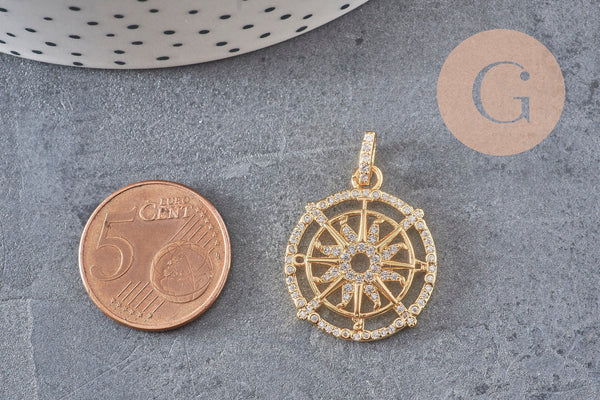 Pendentif médaille ronde soleil boussole laiton doré 18K zircons, un pendentif doré avec cristal pour création bijoux,21mm, x1 (G3552)