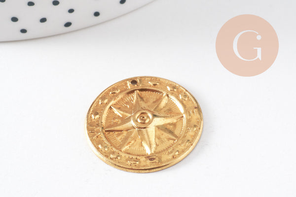 Pendentif médaille ronde soleil laiton brut, un apprêt doré sans nickel, une médaille ronde dorée,25mm,x 2,G3225