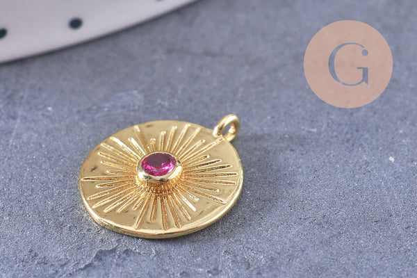 Pendentif médaille ronde soleil laiton doré zircon rouge 16.5mm, x1 (G3473)