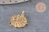 Pendentif médaille ronde soleil laiton doré zircon, un pendentif doré avec cristaux pour création bijoux,18mm, x1 G3469