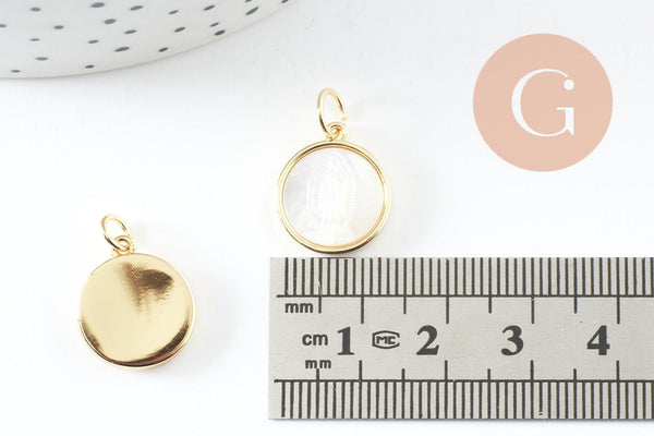 Pendentif médaille ronde vierge nacre naturelle laiton doré 16mm, x1 (G10045)