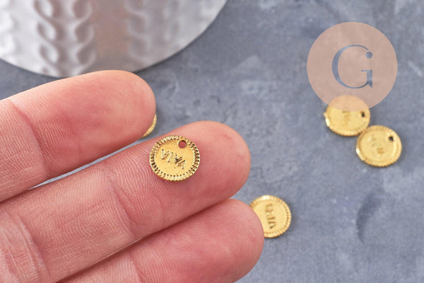 Pendentif médaille rondes Viva zamac doré 10mm, x 10 (G1819)