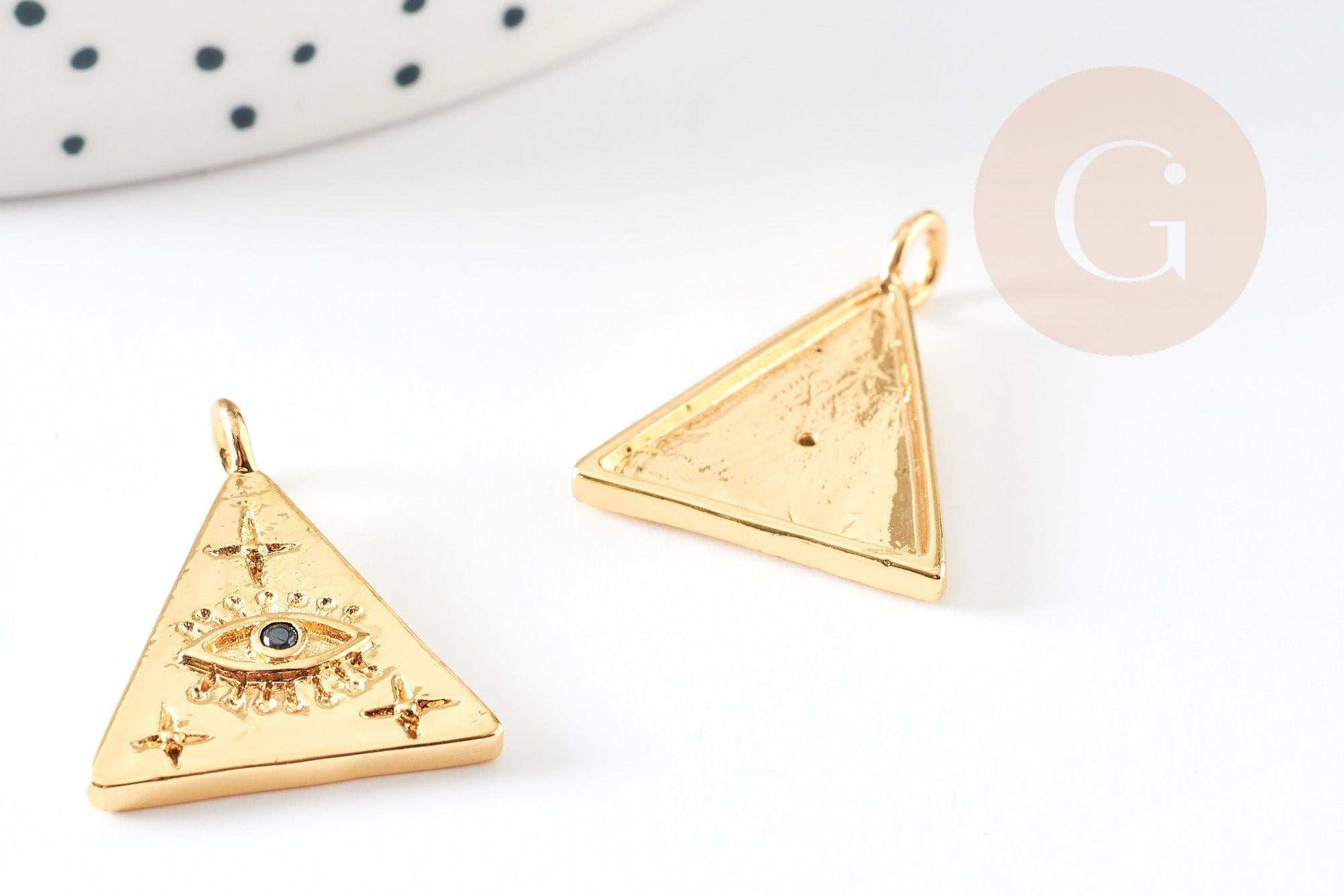 Pendentif médaille triangle oeil laiton doré18K texturé zircon, pendentif doré sans nickel pour la création bijoux,23.5mm, x1 G4469