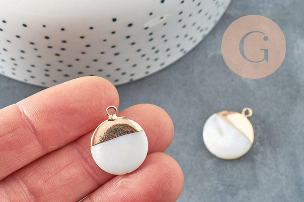 Pendentif nacre blanche naturelle doré,fourniture créative,pendentif rond nacre,coquillage blanc, 22.5mm, x2 G2548