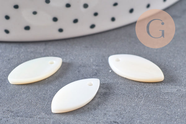 Pendentif navette nacre blanche naturelle perle ovale 18mm, x10 (G10837)