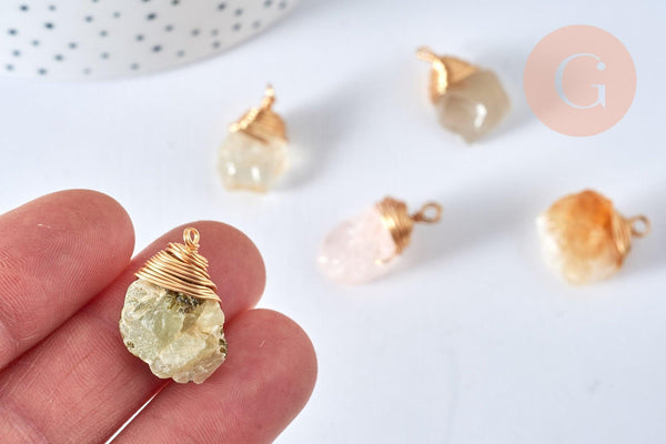 Pendentif nuggets pierres naturelles support doré 18K - 20.5-27mm, pendentif bijoux pierre naturelle, x1 (G7108)