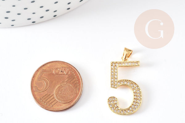 Pendentif numéro laiton doré 14K cristal blanc 23mm, x1 (G4803)