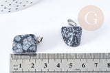 Pendentif obsidienne neige noire roulée acier inoxydable platine 15-35mm, x1 (G8634)