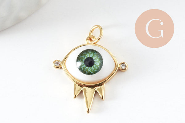 Pendentif oeil résine laiton doré 20K, création bijou doré laiton doré, bijou oeil, 21mm, x1 (G6198)