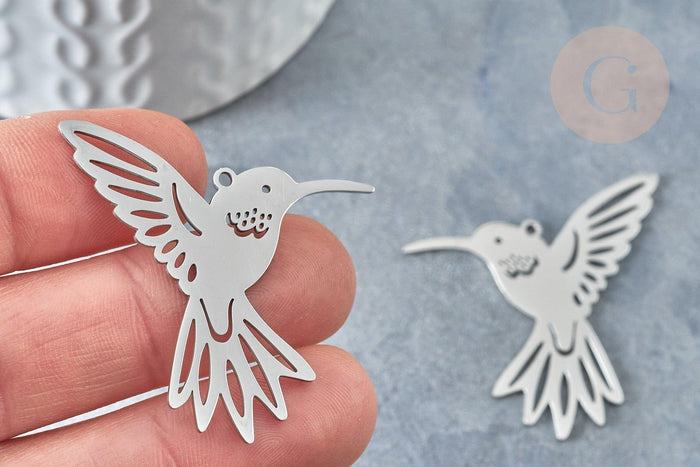 Pendentif oiseau colibri argenté acier inoxydable 39.5mm, x1 (G7668)