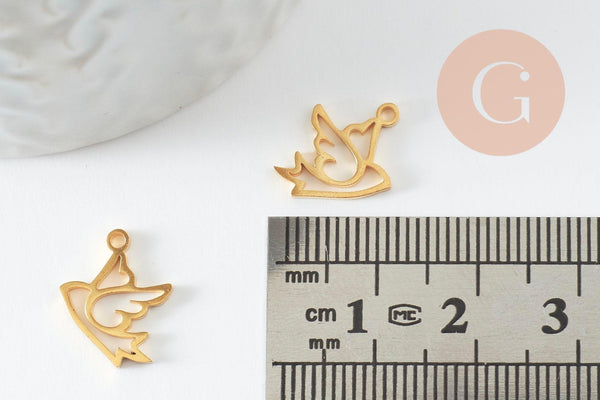 Pendentif oiseau colombe évidé acier 304 inoxydable doré 14mm, x1 (G9578)