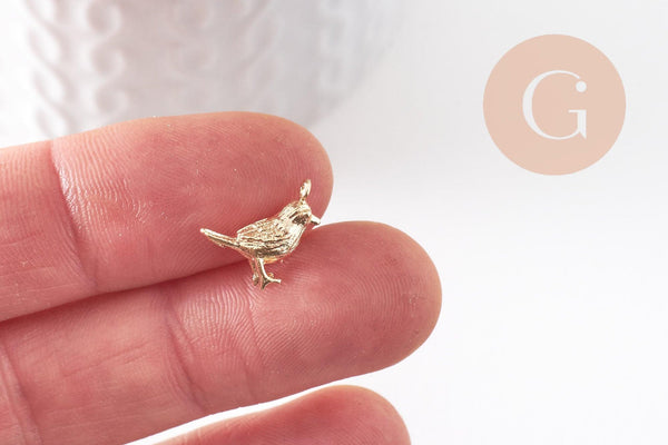 Pendentif oiseau laiton doré 18K 12.5mm, pendentif doré 18K création bijou animal, x2 (G10046)