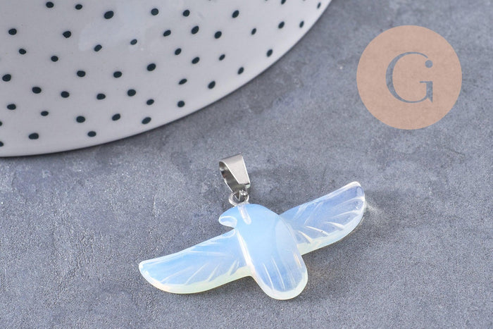 Pendentif oiseau pierre fer platine 40mm, x1 (G9834)