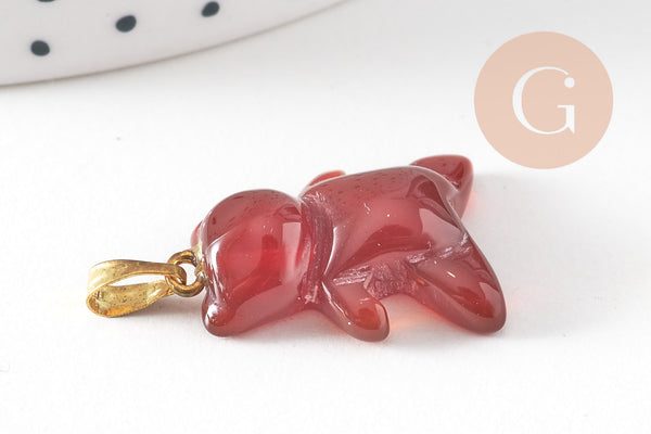 Pendentif ourson agate orange naturel support doré 24mm, création bijoux en pierre naturelle, x1 ( G5702)