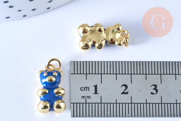 Pendentif ourson laiton doré 18K résine bleue 17.5mm, bijou d'enfance, x1 (G6641)