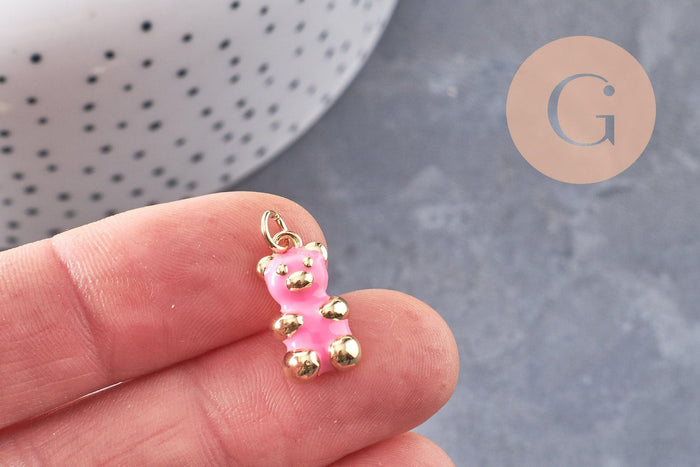 Pendentif ourson laiton doré 18K résine colorée 17.5mm, pendentif laiton jouet, bijou d'enfance, x1 (G6263)