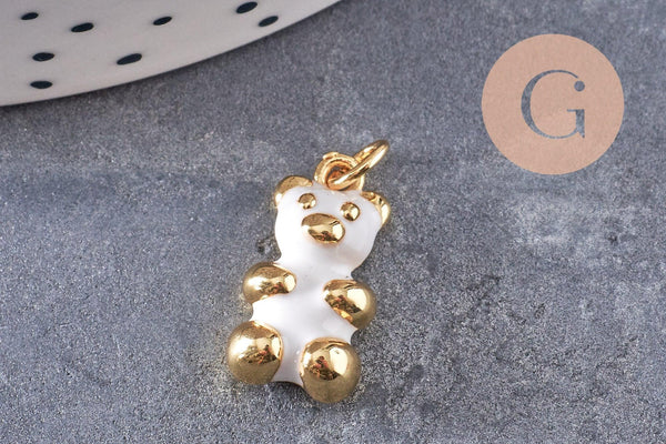 Pendentif ourson laiton doré 18K résine colorée 17.5mm, pendentif laiton jouet, bijou d'enfance, x1 (G6263)