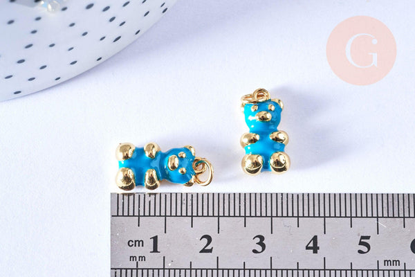 Pendentif ourson laiton doré 18K résine turquoise 17.5mm, pendentif laiton jouet ,x1 (G6642)