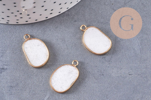 Pendentif oval jade naturel blanc laiton doré 25mm, x1 (G10537)