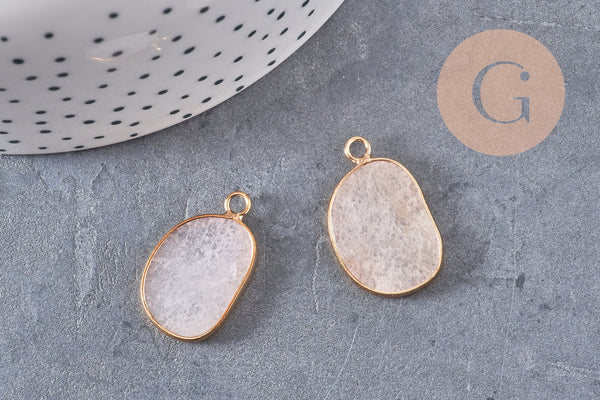 Pendentif oval jade naturel rose laiton doré 25mm, x1 (G4648)