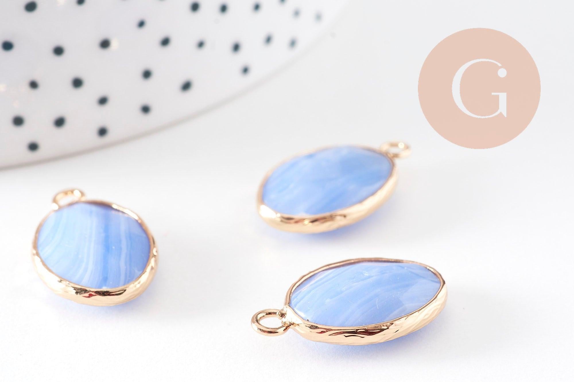Pendentif ovale agate naturelle bleue laiton doré 23mm, x1 (G11004)
