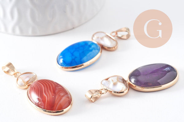 Pendentif ovale agate naturelle colorée et perle d'eau douce naturelle laiton doré 42-43mm, x1 (G10345)