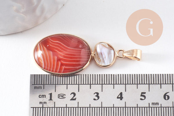 Pendentif ovale agate naturelle colorée et perle d'eau douce naturelle laiton doré 42-43mm, x1 (G10345)