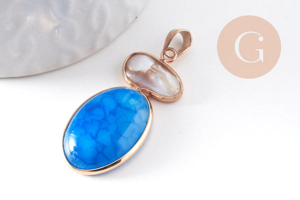 Pendentif ovale agate naturelle colorée et perle d'eau douce naturelle laiton doré 42-43mm, x1 (G10345)
