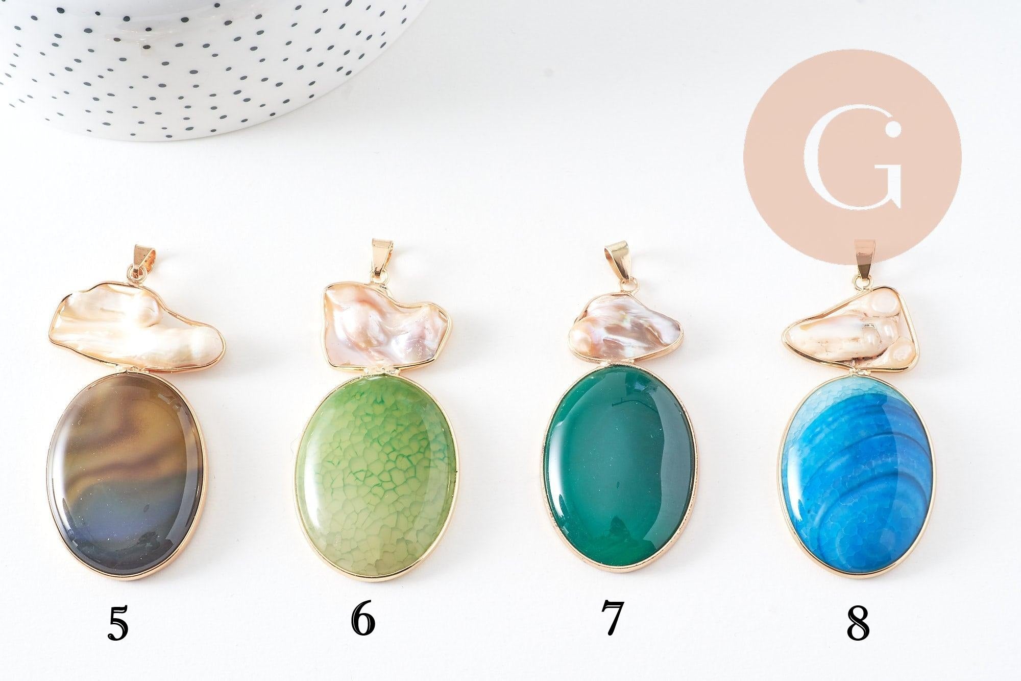 Pendentif ovale agate naturelle colorée et perle nacre 62-63mm, x1 (G2038)