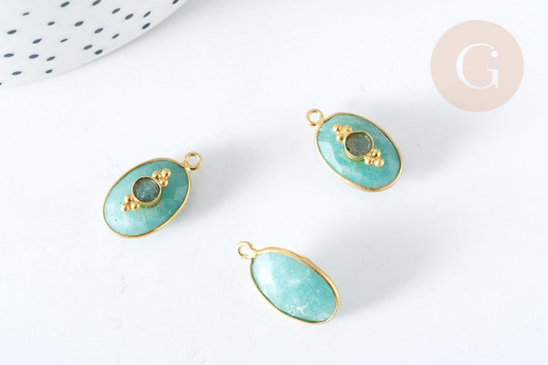 Pendentif ovale amulette amazonite naturelle argent 925 doré 18K 30mm, pendentif pierre naturelle, x1, G7717