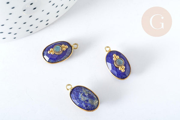 Pendentif ovale amulette lapis lazulis naturelle argent 925 doré 18K 30mm, pendentif pierre naturelle, x1, G7713