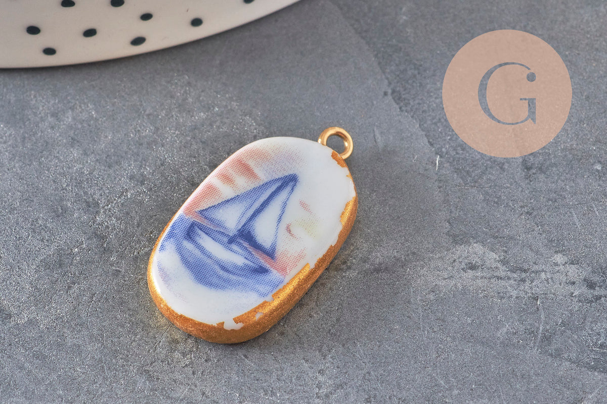 Pendentif ovale céramique acier inoxydable doré PVD 16mm, x1 (G11304)