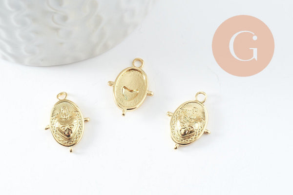 Pendentif ovale coeur ex-voto laiton doré avec 3 anneaux 18mm, x1 (G10017)
