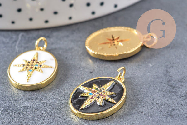 Pendentif ovale doré étoile émail résine 23mm,x1 (G5337)