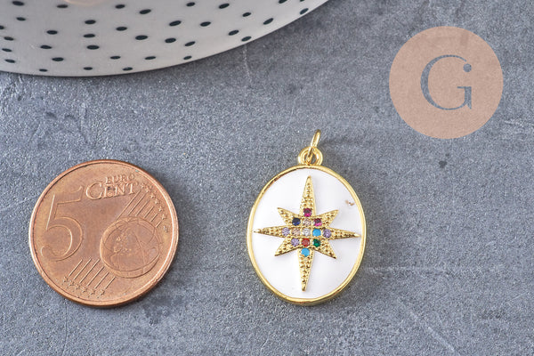 Pendentif ovale doré étoile émail résine 23mm,x1 (G5337)