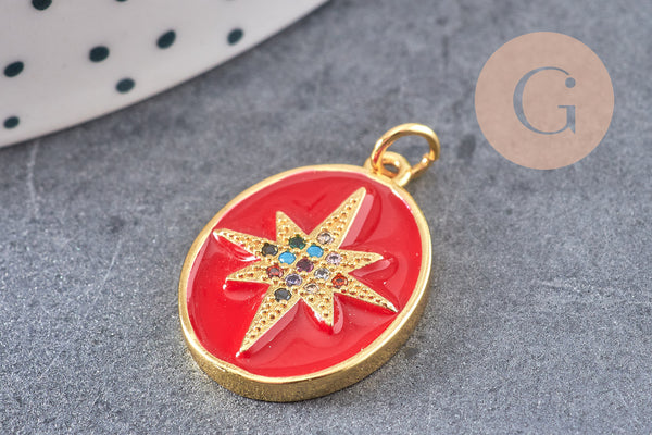 Pendentif ovale doré étoile émail résine 23mm,x1 (G5337)