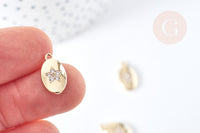 Pendentif ovale fleur laiton doré 14K cristal zircon blanc 14.5mm, pendentif doré création bijou, x1 (G8585)
