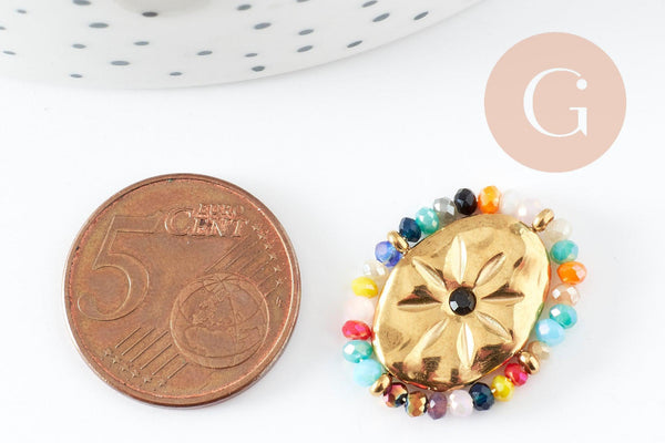 Pendentif ovale fleurs et perles acier 304 inoxydable doré 23mm, x1 G9404